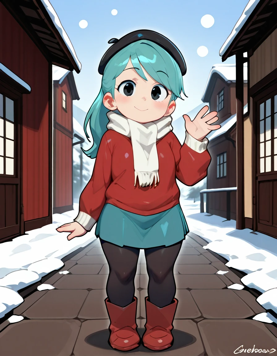 cinematic film still cinematic still boots, black pantyhose, pantyhose, red footwear, looking at viewer, waving, beret, black eyes, smile,aqua hair, skirt,Hilda is outside  in the snow,outside ,outdoor <lora:Hilda_Netfelx_Show_1.0:1> . emotional, harmonious, vignette, highly detailed, high budget, bokeh, cinemascope, moody, epic, gorgeous, film grain, grainy . shallow depth of field, vignette, highly detailed, high budget, bokeh, cinemascope, moody, epic, gorgeous, film grain, grainy