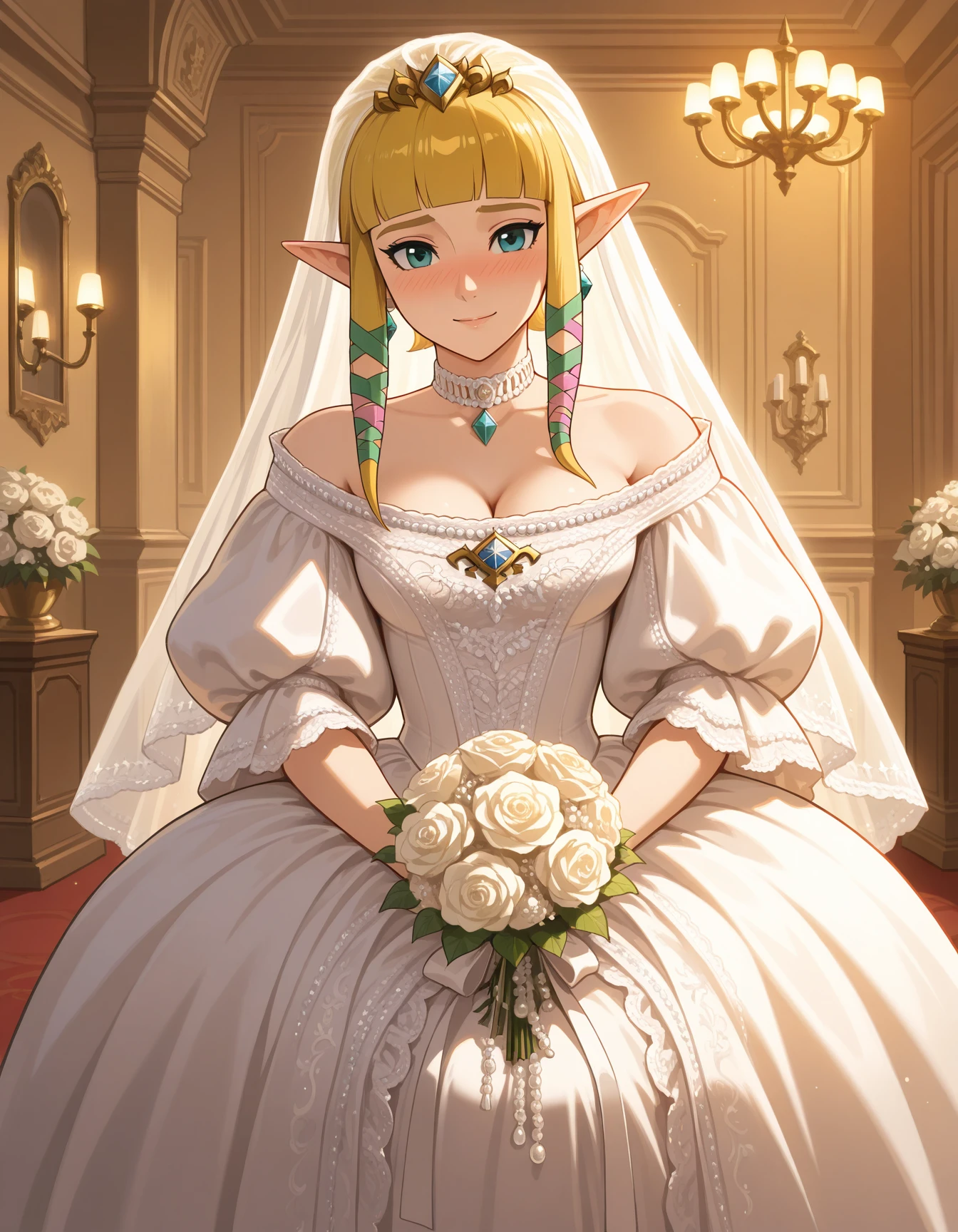1girl, solo, indoors, ballroom, princess zelda, skyward sword, chandeliers, bridal veil, holding bouquet, hands in lap, white lace, frills, sparkling, gem, pearls, curls, puffy sleeves, off-shoulder, baroque, pearl choker, pearl earrings, elegant, complicated, ornate, <lora:MITIMChristine-ILXL2025-01-26_20-17-26-save-294-42-0:0.8> looking at viewer, excited, nose blush, masterpiece, best quality, very aesthetic, newest