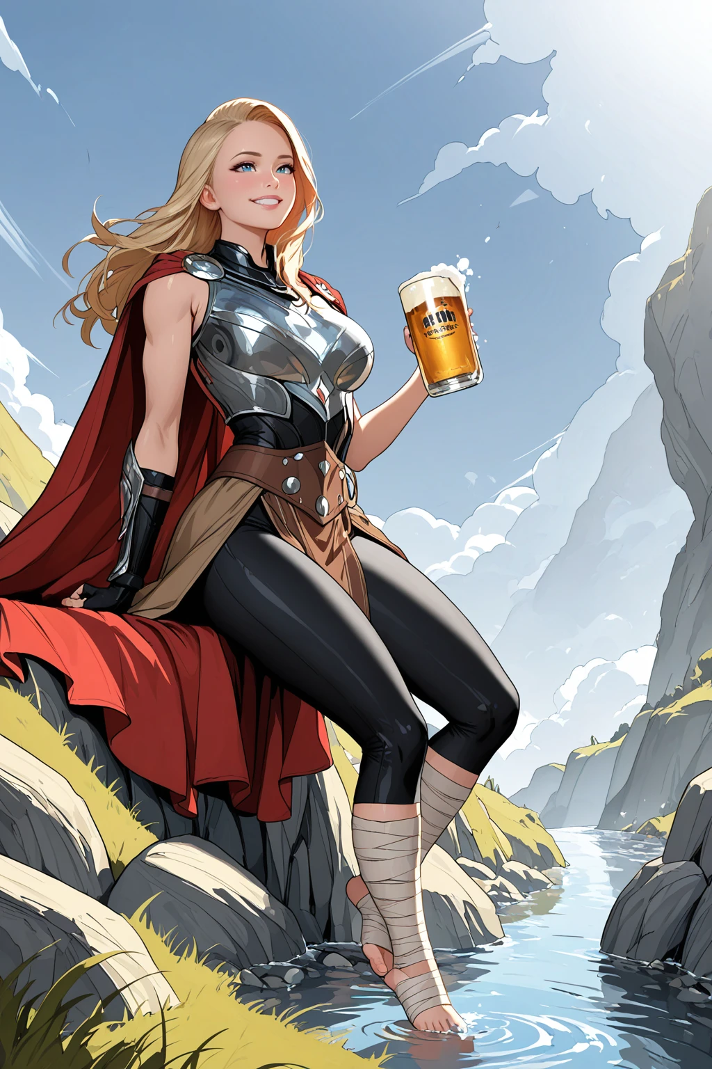 masterpiece, good quality, best quality, very awa, very as2, absurdres, highres,
<lora:Jane FosterilluLoRA:1>janef, long hair, cape, breastplate, single bracer, fingerless gloves, belt, skirt, pelvic curtain, leggings, bandaged legs, smile, sitting in a rock, grass, water fall in distance, smile, sitting at a river bed, holding a beer, happy