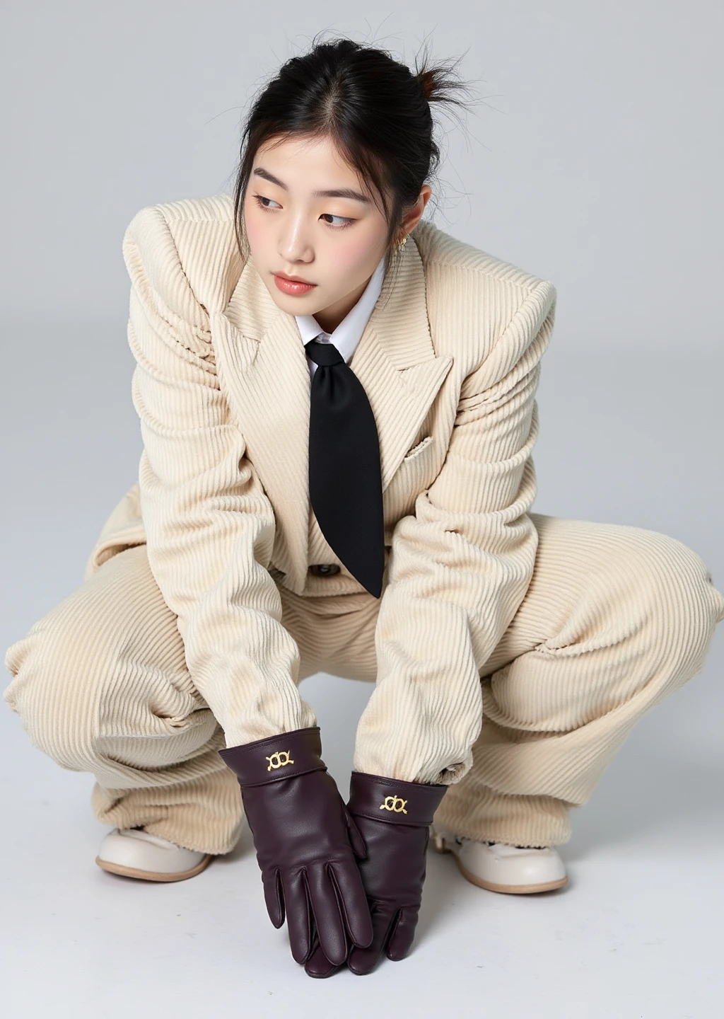 fpose-photography, This is a photograph of a young woman with pale skin and dark hair styled in a loose bun, crouched in an artistic, almost ballet-like pose. She wears a light beige, textured suit with a fitted silhouette and a white shirt underneath, adorned with a black tie. Dark purple gloves with a gold logo on the palm add an elegant touch. Her expression is contemplative, with her gaze slightly downward. The background is a clean, light grey, making her the focal point.