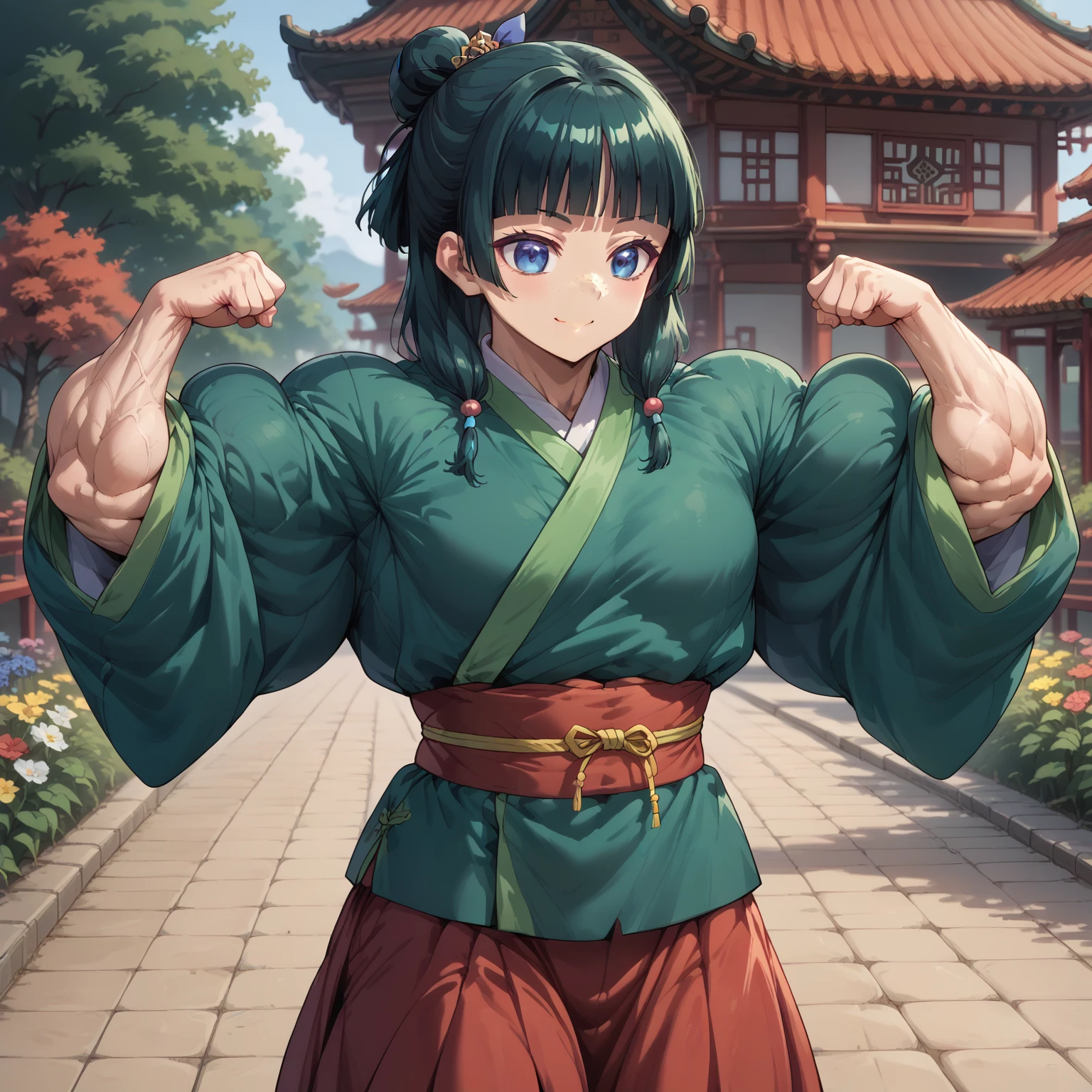 1girl,
chinese garden, flowers,
smile, flexing,
<lora:Rock_Hard_Muscles_Pony:0.8> rock-hard, big muscles, muscular female,
<lora:kusuriya-maomao-s1-ponyxl-lora-nochekaiser:0.8> maomao, long hair, bangs, blue eyes, hair ornament, green hair, blunt bangs, freckles, hair bun, single hair bun, || japanese clothes, robe, green robe, long sleeves, wide sleeves, skirt, red skirt,, score_9, score_8_up, score_7_up, source_anime,