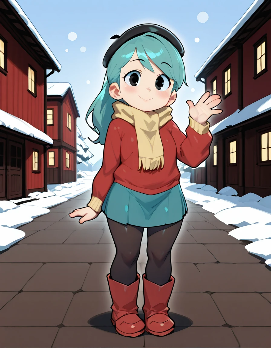 cinematic film still cinematic still boots, black pantyhose, pantyhose, red footwear, looking at viewer, waving, beret, black eyes, smile,aqua hair, skirt,Hilda is outside  in the snow,outside ,outdoor <lora:Hilda_Netfelx_Show_1.0:1> . emotional, harmonious, vignette, highly detailed, high budget, bokeh, cinemascope, moody, epic, gorgeous, film grain, grainy . shallow depth of field, vignette, highly detailed, high budget, bokeh, cinemascope, moody, epic, gorgeous, film grain, grainy