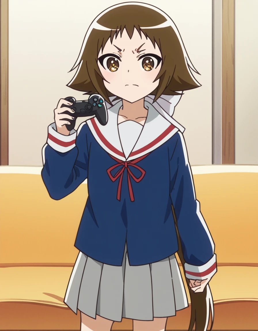 score_9, score_8_up, score_7_up, source_anime, <lora:mashiro-mitsumine-s1-ponyxl-lora-nochekaiser:1>, mashiro mitsumine, long hair, brown hair, bow, brown eyes, ponytail, hair bow, anime screencap,, skirt, school uniform, serafuku, blue shirt, white sailor collar, ribbon, grey skirt, pleated skirt,, living room, video game, controller, competitive, fun, afternoon, , v, v over eyes,, looking at viewer, solo,, cowboy shot, solo