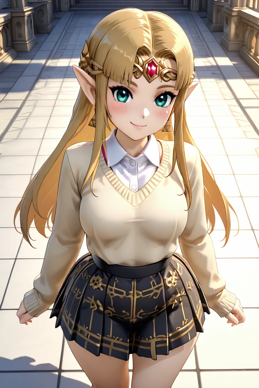 masterpiece, best quality, medium breasts, (curvy), cute, eyelashes, smile, 3d, zzZelda, blonde hair, closed mouth, alternate costume, smile, looking at viewer, collared shirt, blush, sweater, black skirt, eyelashes, long sleeves, sleeves past wrists, plaid skirt, blurry, tile floor, pleated skirt, white shirt, cowboy shot, <lora:princess_xl_v2:0.3>, smile, looking at viewer, <lora:ZeldaUltimate_InGame_IXL:1>,