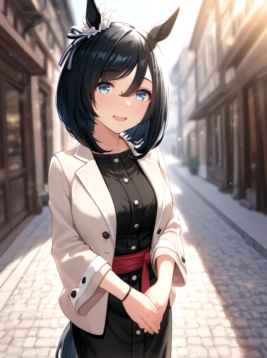 masterpiece, best quality, absurdres,ultra detailed hair,
eishin_flash \(umamusume\), 1girl, horse ears, full body, bob cut, horse tail, looking at viewer, own hands together, standing, black strappy heels, long sleeves, open jacket, casual, cream beige jacket, sleeveless black dress, single ear ornament, red sash
open mouth, big smile,
cowboy shot,
light rays,lens flare,light particles,outdoors,motion blur, blur
<lora:ILL_eishin_flash_ver1.0:1>