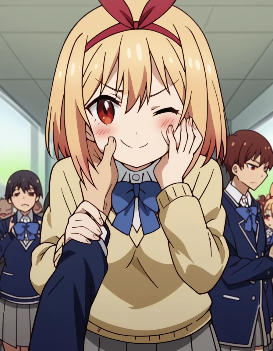 score_9, score_8_up, score_7_up, source_anime, <lora:kaori-ayase-s1-ponyxl-lora-nochekaiser:1>, kaori ayase, short hair, blonde hair, hair ribbon, hairband, red eyes, medium breasts, anime screencap,, skirt, school uniform, sweater, grey skirt, white shirt, collared shirt, blue bowtie, pleated skirt, convention, crowd, booths, posters, event, smile, <lora:guided-hand-on-cheek-ponyxl-lora-nochekaiser:1>, guided hand on cheek, hand grab, hand on another's cheek, hand on another's face, looking at viewer, pov, pov hands, smile, blush, one eye closed, caress, caressing cheek, looking at viewer, solo,, cowboy shot, solo