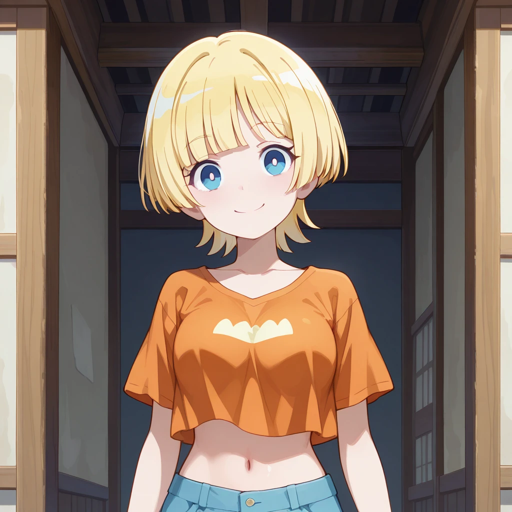 (masterpiece),best quality,amazing quality,very aesthetic,absurdres,newest,perfect body,shiny skin,perfect eyes,detail1eye,well-defined fingers,well-defined fingernails,anime style,indoors,1girl,solo,upper body,(portrait:1.5),looking at viewer,facing viewer,smile,blush,aged down,Quan style,Emma Hanes,blonde hair,short hair,blunt bangs,blue eyes,bright pupils,collarbone,crop top overhang,cropped shirt,t-shirt,orange shirt,short sleeves,medium breasts,navel,blue shorts,short shorts,white socks,sneakers,<lora:Quan[style]-Illus:1.6>,<lora:Emma Hanes(dgg)-llus:1.6>,