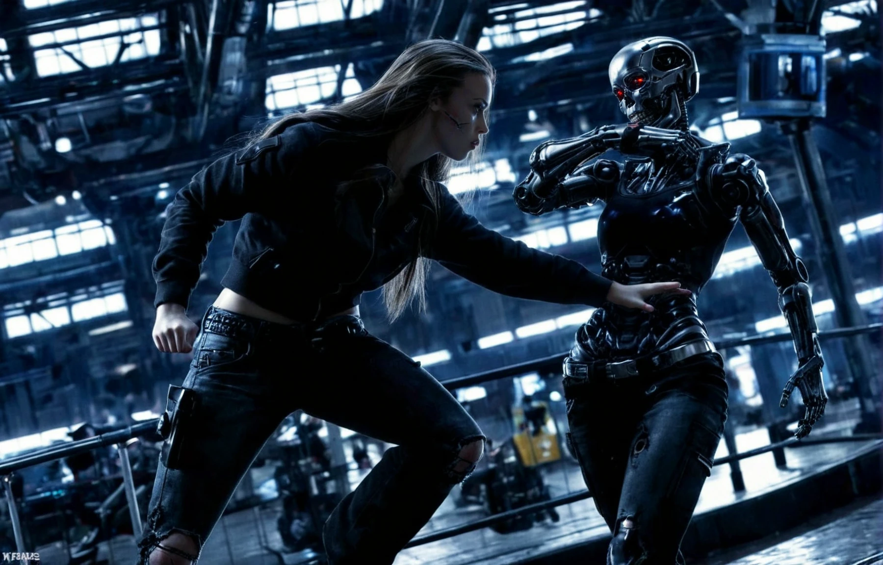 biomechanical style <lora:smgl _v1_ec:1>,smgl woman,crop jacket,shirt,belt,pants,boots,gloves,
(holding long weapon:1.2),massive weapon with stock,big gunbarrel,scope,
<lora:dmgfcend_v2_ec:0.75>,a smgl woman,damaged face,red eye,cybernetic,mechanical arm,plasma weapon,from above,factory,dynamic,motion,(t-800:1.2),fighting BREAK
two persons,woman versus (endoskeleton:1.1),fight scene,, , . blend of organic and mechanical elements, futuristic, cybernetic, detailed, intricate