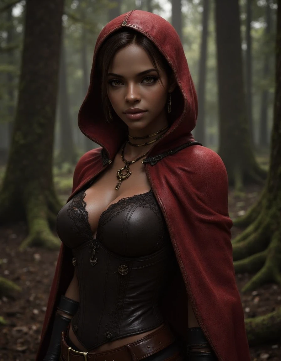 A poster for a movie. the title "Red Riding Hood " is written at the top with "not so little anymore " under this emma Watson as    little red riding hood in a corset, huge breasts,  carrying a pump action shotgun , eye black, wolf tooth necklace.  