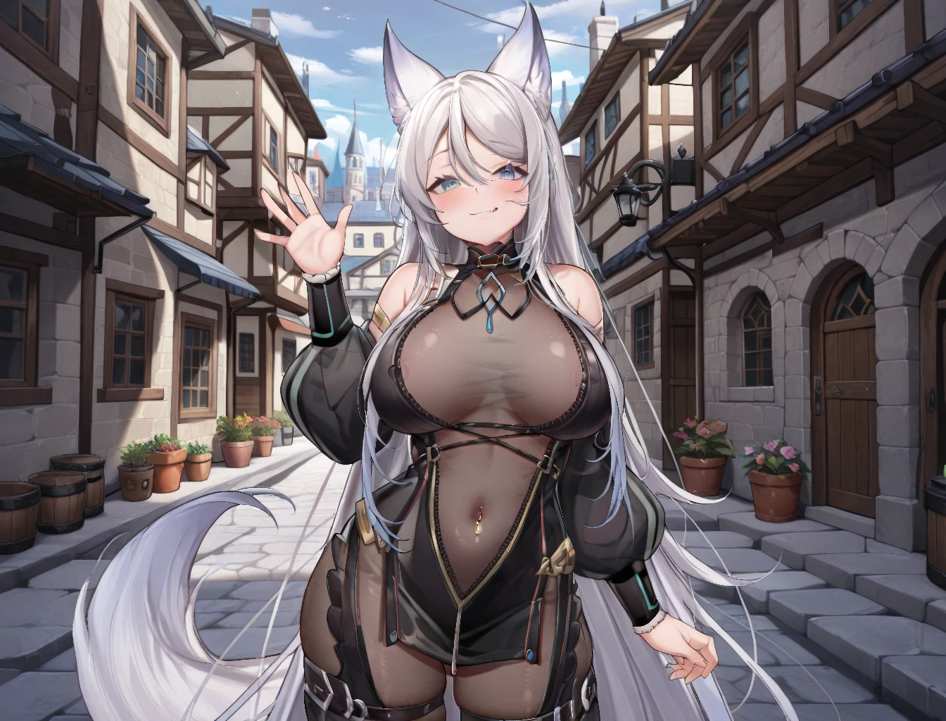 (masterpiece, best quality, dynamic lighting), 1 woman, The Wolf and the Hall of Incense, laugh,  , looking at viewer, long skirt, skirt, long sleeves, waving,cute,strapless,bare shoulders,tail wagging,large oak beer mug,full of bubbles,night,medieval village,festival,Master piece, (best quality), perfect eyes, bound, bondage, (arms behind back:1.4), bdsm, tape gag, rope, rope bondage, close-up, restrained, standing ,best anatomy, 