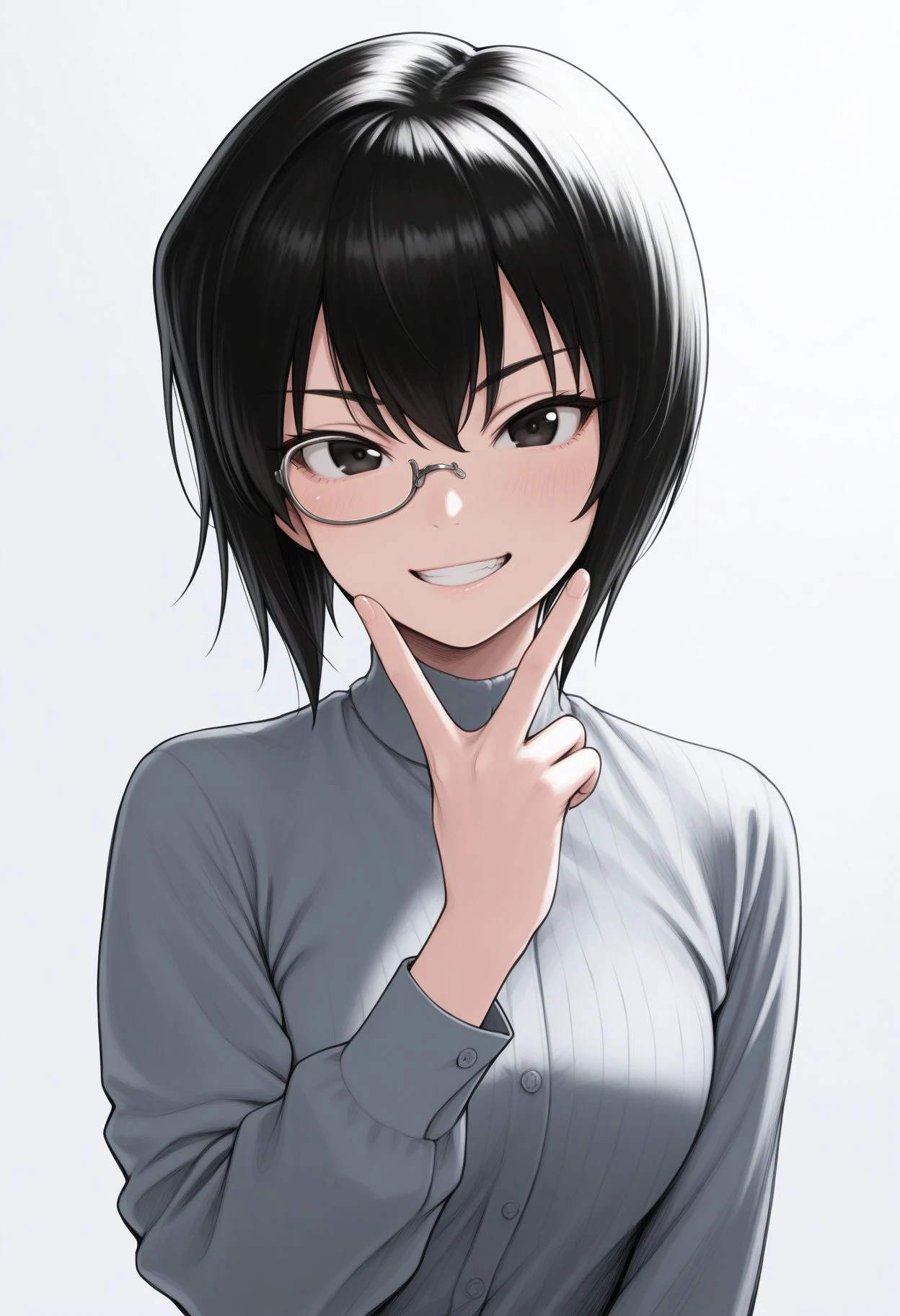 masterpiece,amazing quality,best quality,ultra-detailed,8K,illustration, amazing quality, newest, absurdres, realistic, (monochrome:0.8), hatching \(texture\), vivid color ,perfect body, perfect face, rim lighting, looking at viewer, simple background, smile, solo, teeth, upper body, v, white background,
, upper body, <lora:Kawashima Illu:1> gupmomo, monocle, black hair, short hair, 1girl, black eyes, under-rim eyewear