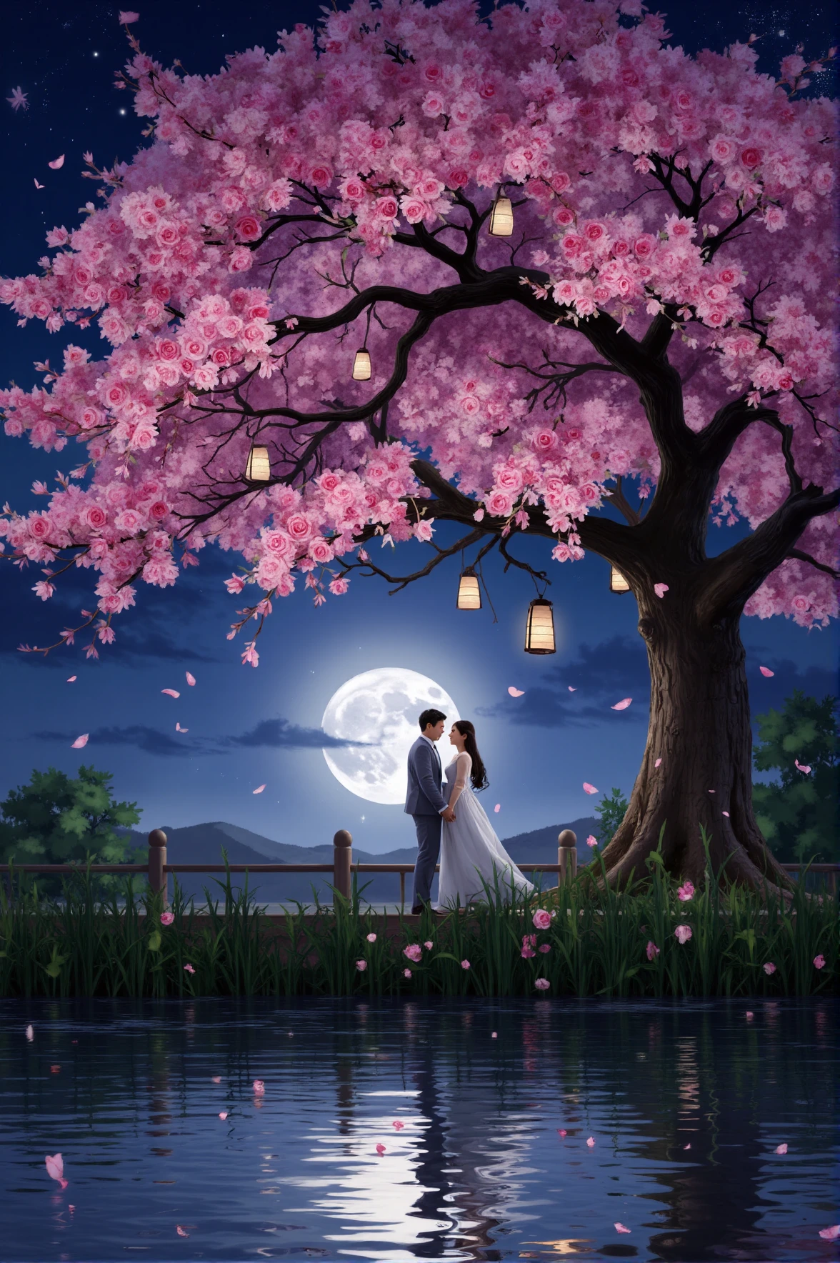 Beneath an ancient cherry blossom tree, petals rain gently around a couple sharing a quiet moment under the full moonâs glow. Lanterns dangle from delicate branches, illuminating their intertwined fingers as a gentle breeze carries the fragrance of spring. The rippling reflection of blossoms on the lake mirrors the beauty of their love.
<lora:ethereal-romantic-glow-flux:1>