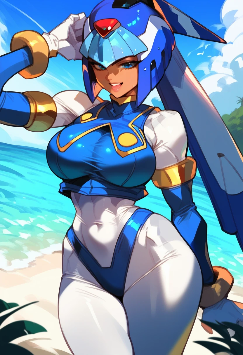 Leviathan_Megamanz, 1 Girl ,Looking at the viewer , blue hair, Blue eyes,Clouds background , Blushed , , Wedding ring, Glasses, Swimsuit