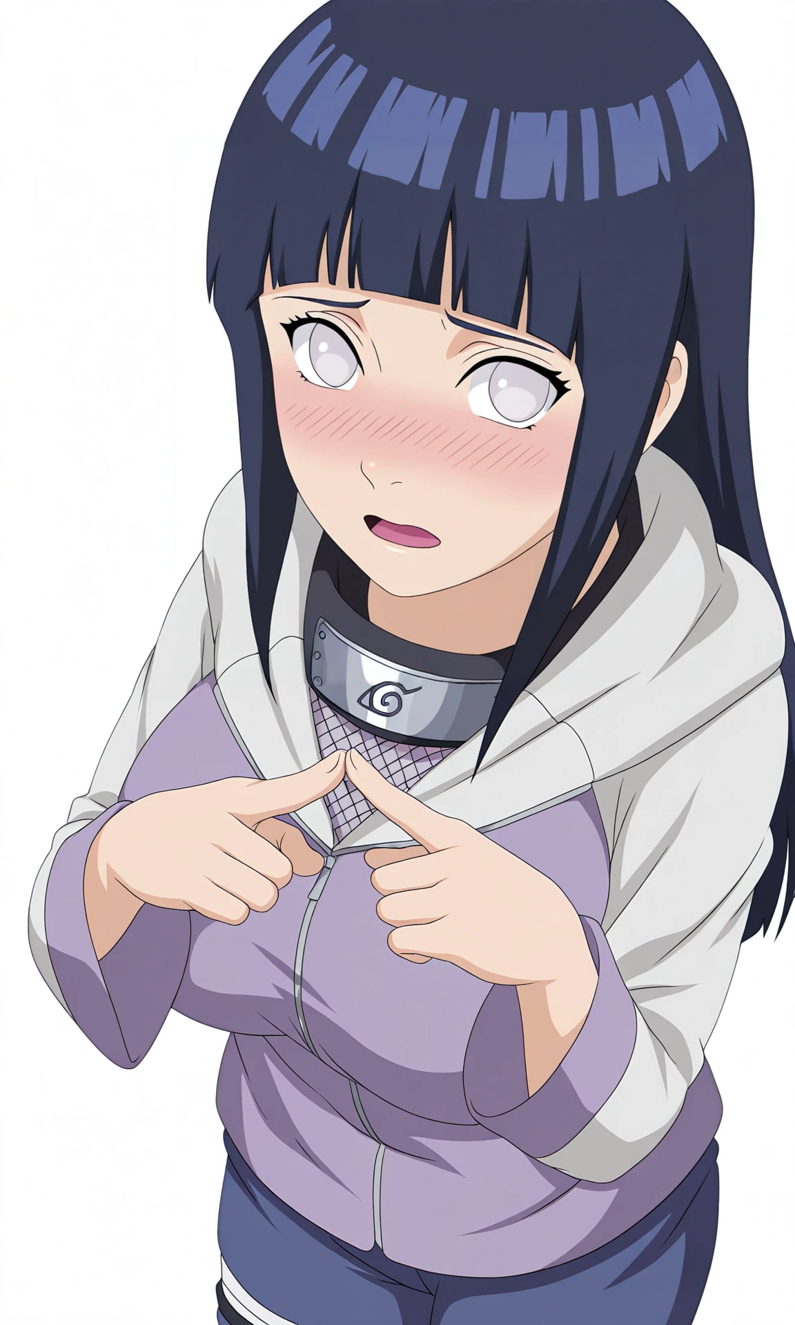masterpiece, best quality,
game cg, game screencap,
from above, finger together, crossed fingers,
hntns, 1girl, solo, white eyes, looking at viewer, konohagakure symbol, forehead protector,
long hair, blunt bangs, sidelocks, straight hair, large breasts,
hoodie jacket, long sleeves,blue pants,
open mouth, nose blush, shy,
simple background, white background,
<lora:Naruto_Hinata_NS_v2_NAIXL:0.9>