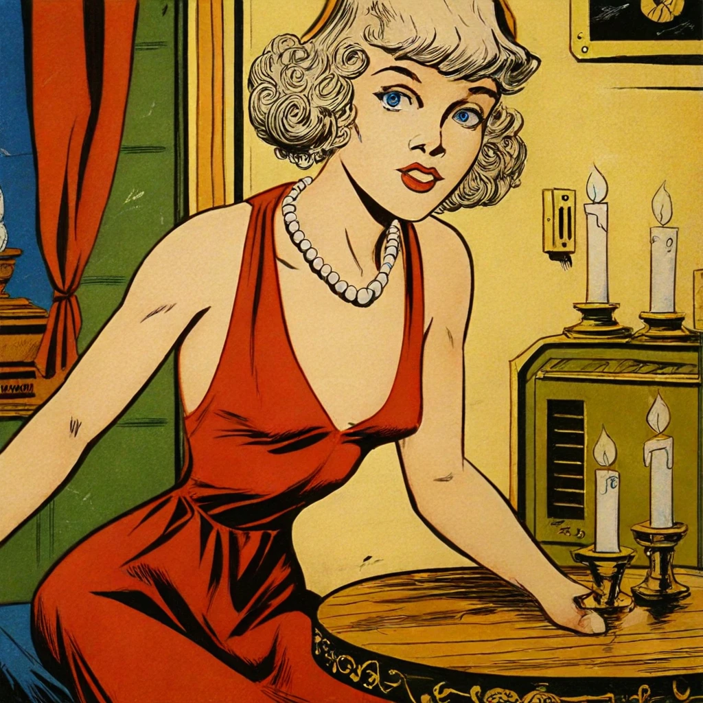 1girl, solo, flapper girl, 1920s flapper dress, curly ginger hair, waist-length hair, blue eyes, small breasts, collarbone, toned body, gold jewelry, pearl necklace, Art Nouveau curves, romantic, BREAK, close-up, from other side of table, sitting across from, dynamic angle, tearful expression, longing gaze, looking at viewer, across table, leaning forward, vintage table, candlelight, BREAK, indoors, 1920s speakeasy, wooden interiors, dim lighting, Art Deco details, soft jazz, blurred patrons in background, red velvet curtains, gold accents, BREAK, (safe_pos, fine texture, masterpiece, ultra-detailed, very aesthetic, absurdres, volumetric lighting, scenery), rating_safe, source_cartoon, source_comics, official style, original art style, vintage comic, sepia tones, ink crosshatching,