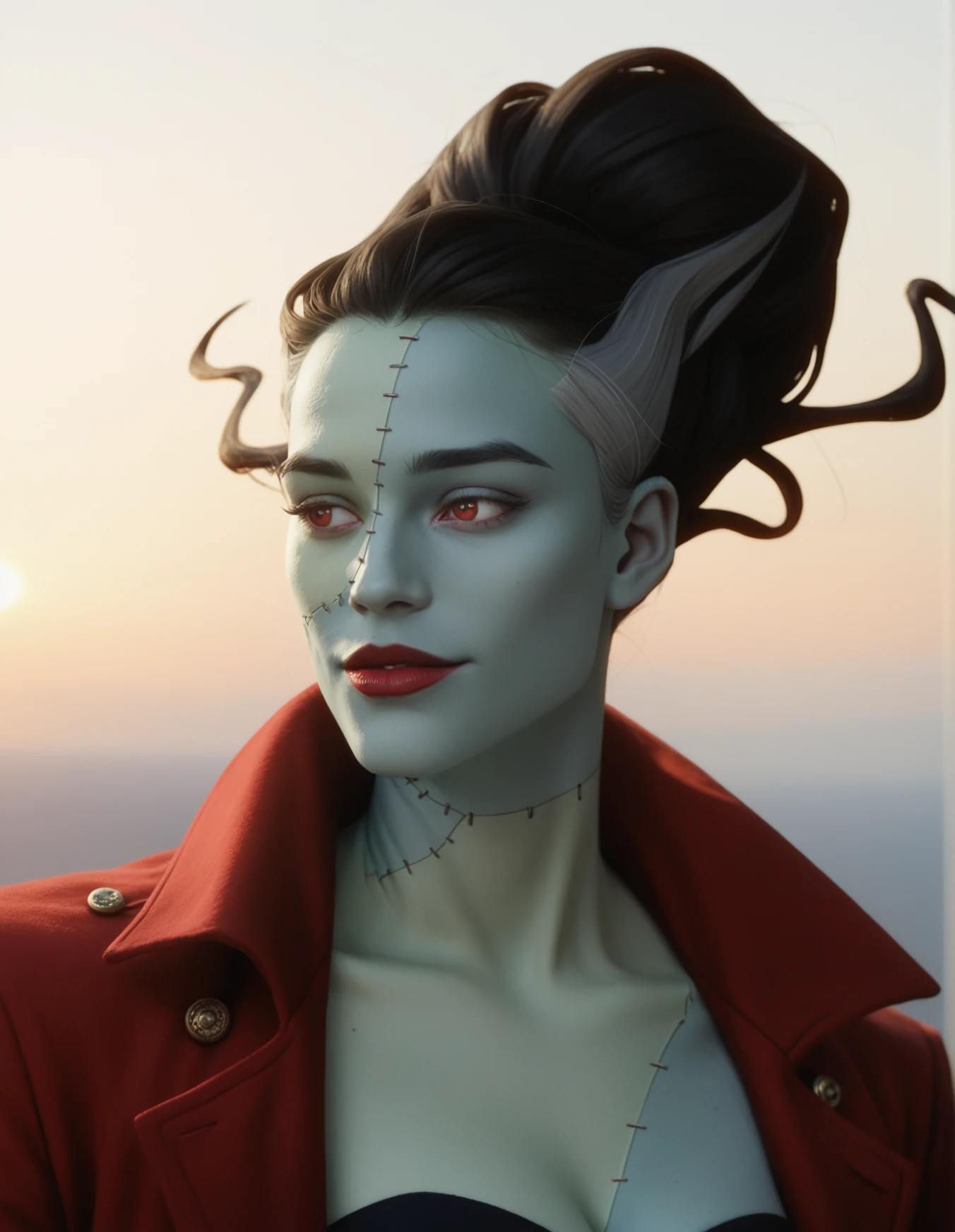 woman, portrait, stitched skin, colored skin, red eyes, beautiful woman, red coat, cleavage, sunset background, gray hair strands, realistic, hiper detailed<lora:The_Bride:0.8> br1de, score_9, score_8_up, score_7_up, score_6_up