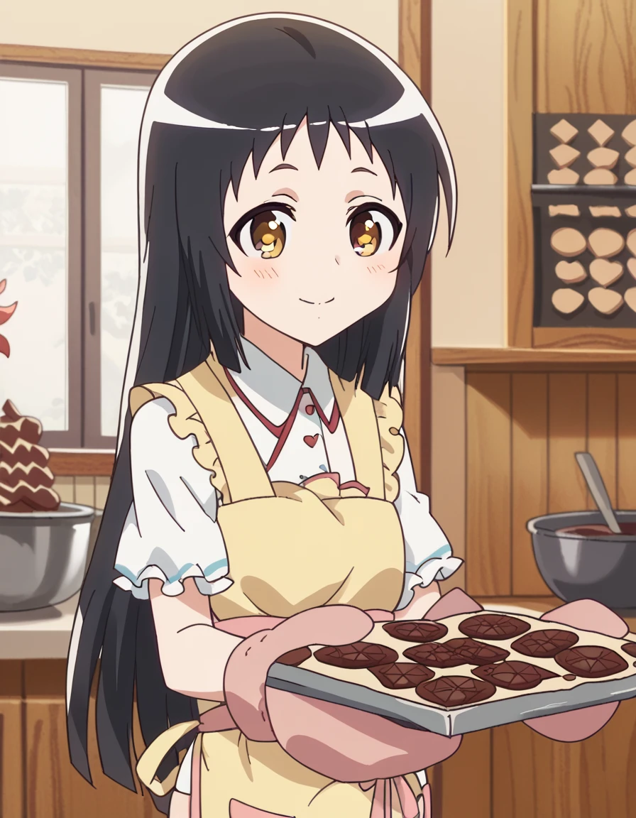 score_9, score_8_up, score_7_up, source_anime, <lora:shirayuki-mitsumine-s1-ponyxl-lora-nochekaiser:1>, shirayuki mitsumine, long hair, black hair, brown eyes, anime screencap,, <lora:baking-cookies-ponyxl-lora-nochekaiser:1>, baking cookies, looking at viewer, blush, smile, gloves, holding, frills, food, indoors, apron, chocolate, cookie, oven mitts,, , cowboy shot, solo