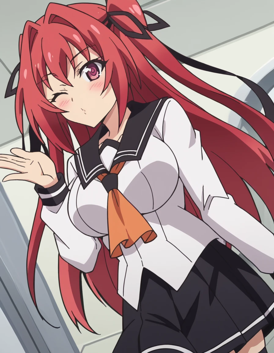 score_9, score_8_up, score_7_up, source_anime, <lora:mio-naruse-s2-ponyxl-lora-nochekaiser:1>, mio naruse, long hair, large breasts, ribbon, twintails, red eyes, hair ribbon, red hair, hair intakes, anime screencap,, skirt, thighhighs, school uniform, serafuku, black thighhighs, zettai ryouiki, white shirt, long sleeves, black sailor collar, orange neckerchief, black skirt, pleated skirt,, space elevator, tall, space, futuristic, technology, , <lora:blowing-kiss-ponyxl-lora-nochekaiser:1>, blowing kiss, pucked lips, heart, one eye closed, o3o, hand up, bed room, bed, blush, cowboy shot, dutch angle,, looking at viewer, solo,, cowboy shot, solo
