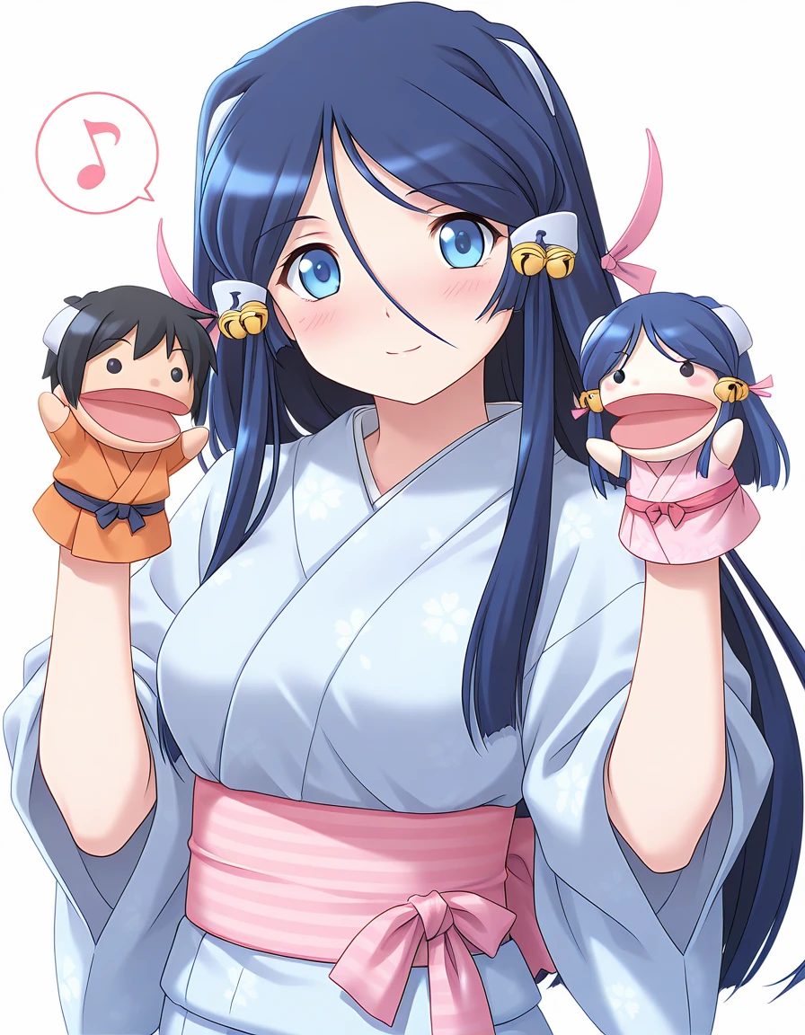 masterpiece, best quality, official art, amazing quality, ultra highres, very aesthetic, highly detailed, best hands,
1girl, solo, miki, blue hair, long hair, blue eyes, beautiful detailed eyes, hair ornament BREAK
kimono,
light smile, blush, looking at viewer, spoken musical note,
standing, hppt,hand puppet,
simple background, white background, upper body
<lora:ichinose miki v1.1-000010:1> <lora:hand_puppet_IL_v1:1>