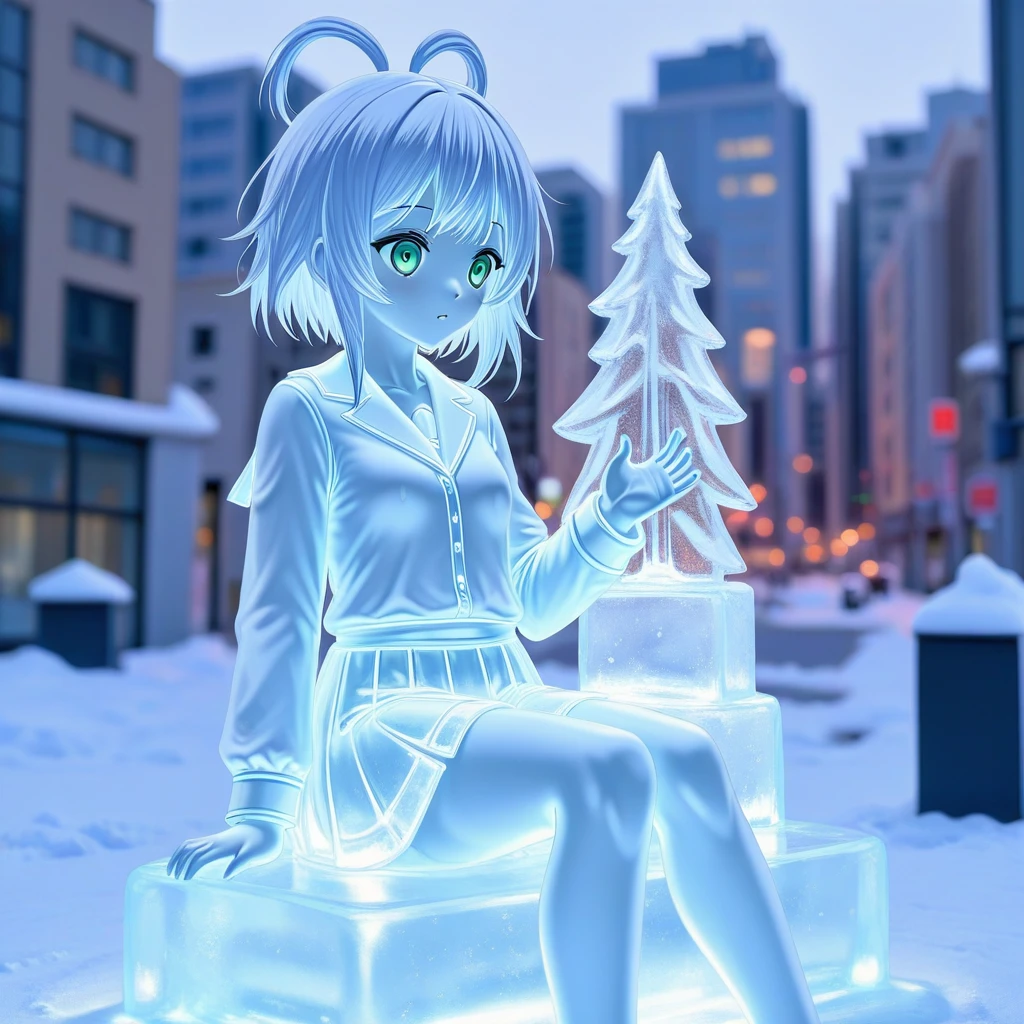 ice sculpture,1girl,masterpiece,best quality,beautiful,city,center park,ice school uniform,ice figure,sitting down,holding a ice cake,luo tianyi