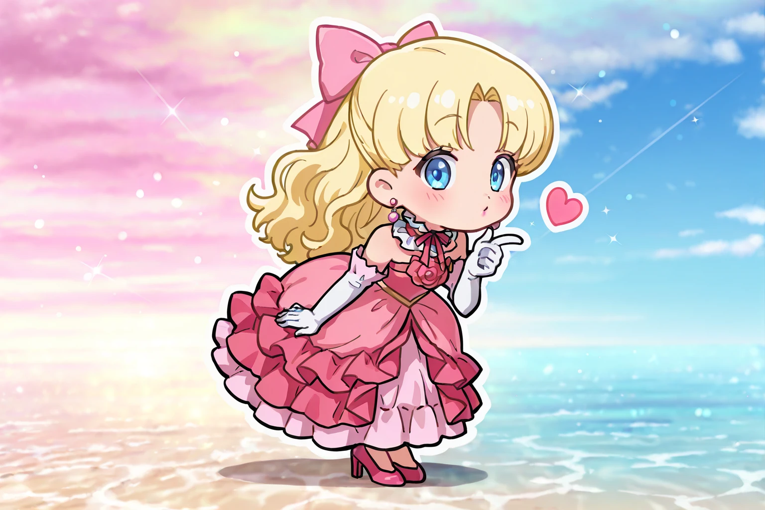 (Masterpiece, Best Quality:1.3), absurdres, official style, fantasy art, best illustration, outline, (thick lineart:1.4), (chibi:1.3), blush, (dynamic pose, dynamic angle:1.1), , nadja, (ultra-detailed portrait), (8k resolution), upper body, 1girl, (solo), ^_^, index finger raised, (full body:1.2), layered dress, blowing kiss, leaning forward, standing, heart, colorful, fun, lipstick, princess, (gown), strapless, bare shoulders, pink dress, frilled collar, ribbon, frilled dress, layered dress, frills, pink bow, long hair, wavy hair, parted bangs, hair bow, white gloves, elbow gloves, jewelry, earrings, high heels, pink heels, pink rose, parted bangs, outline, parody, adorable, german aesthetic, various colors, (details:1.2), colorful, shadow, scenery, graphite \(medium\), intricate, caustics, wide shot, extremely detailed background, 16k, BREAK, atmosphere, high resolution, newest, scenery, volumetric lighting, (blonde hair,blue eyes:1.2), Chibi,Allstyles , pink theme