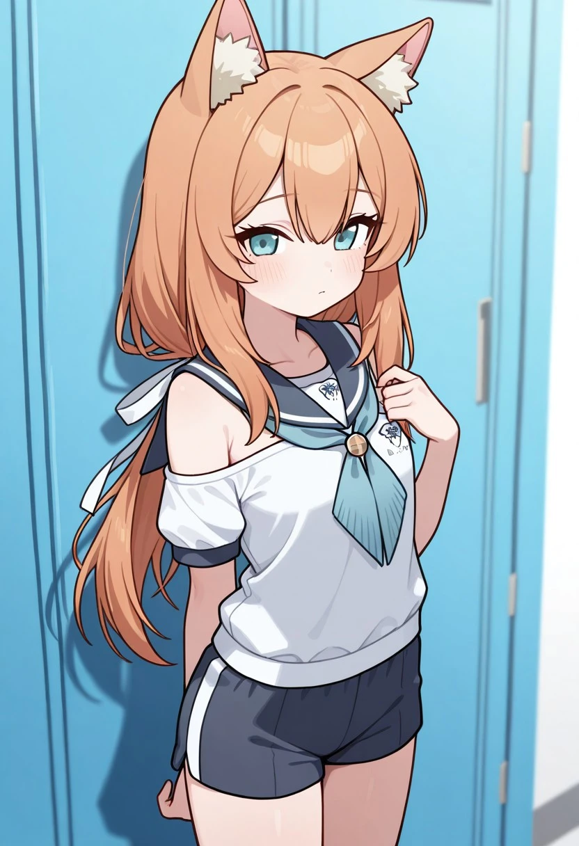 masterpiece, best quality, 32k, high resolution, absurdres, iochi mari, cowboy shot, standing, gym shorts, sailor collar, hair ribbon, gym shirt, bare shoulders, holding neckerchief, blue neckerchief