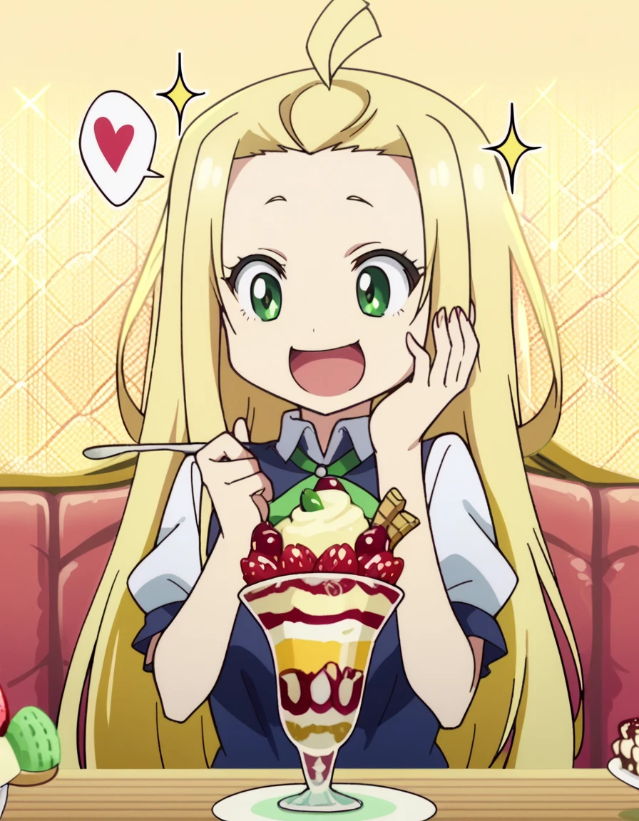 score_9, score_8_up, score_7_up, source_anime, <lora:bijutsu-collete-s1-ponyxl-lora-nochekaiser:1>, bijutsu collete, long hair, blonde hair, very long hair, ahoge, green eyes, medium breasts, anime screencap,, <lora:parfait-ponyxl-lora-nochekaiser:1>, parfait, open mouth, heart, food, sparkle, fruit, happy, hand on own face, spoken heart, ice cream, strawberry, spoon, hand on own cheek, cherry, holding spoon,, , cowboy shot, solo