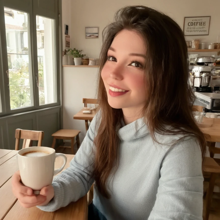 belledlphn, a woman enjoying a cup of coffee in a cozy café, wearing casual clothes, soft natural lighting, photorealistic, 8k resolution, upper body
<lora:BelleDelphine:1>