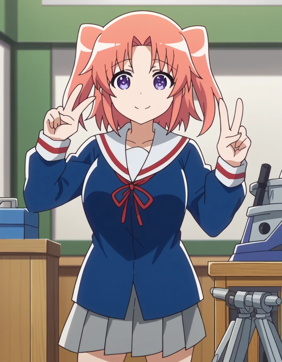 score_9, score_8_up, score_7_up, source_anime, <lora:kobeni-yonomori-s1-ponyxl-lora-nochekaiser:1>, kobeni yonomori, short hair, purple eyes, pink hair, two side up, large breasts, anime screencap,, skirt, school uniform, serafuku, blue shirt, white sailor collar, ribbon, grey skirt, pleated skirt,, workshop, tools, workbench, projects, machinery, smile, v,, looking at viewer, solo,, cowboy shot, solo