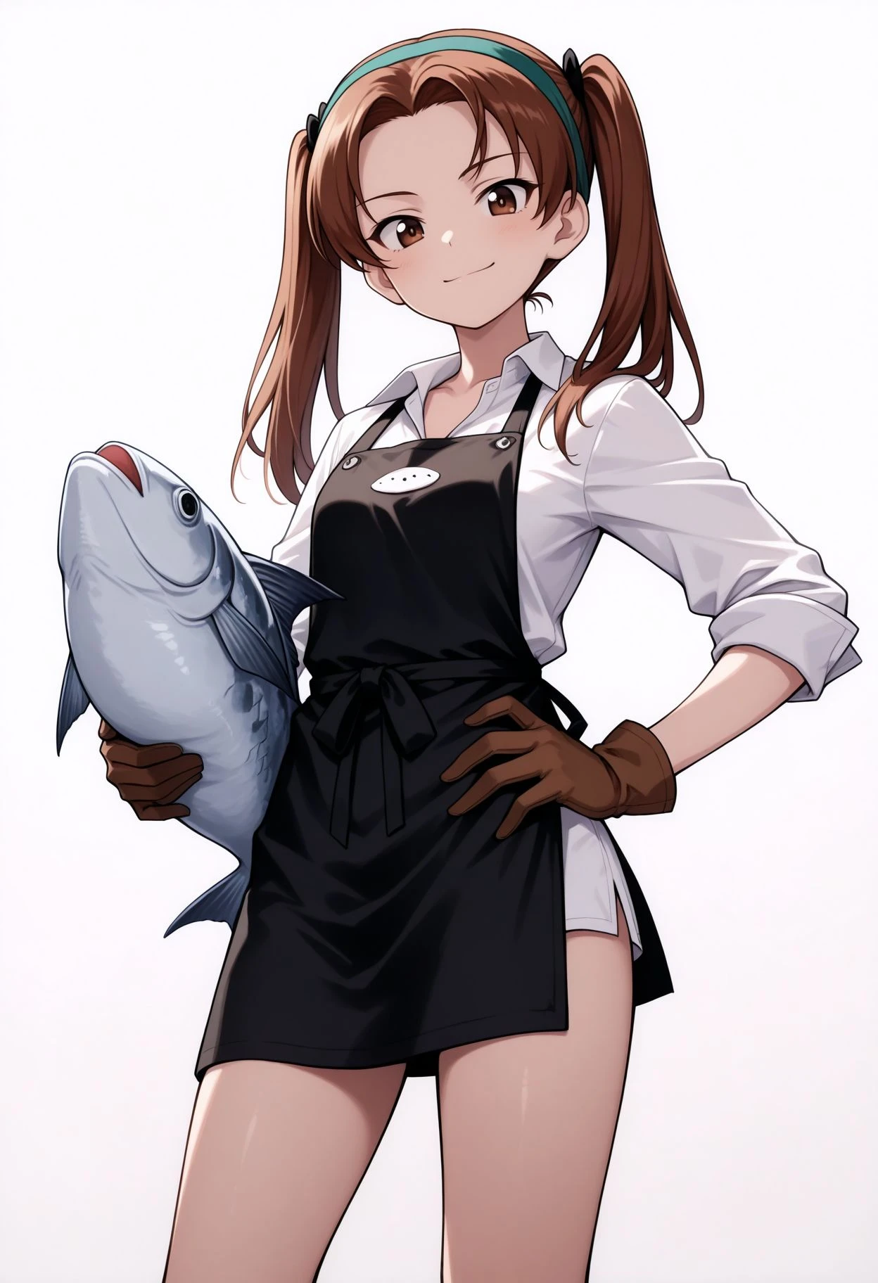 masterpiece,best quality,absurdres,highres,very aesthetic,high quality,detailed,insanely detailed,beautiful,perfect lighting,
<lora:Anzu gup illu:1> Anzudef, 1girl, , twintails, fish, brown gloves, smile, hand on hip, white background, long hair, looking at viewer, black apron, brown eyes, standing, brown hair, holding animal, simple background, closed mouth, shirt, headband, parted bangs, sleeves rolled up, cowboy shot, long sleeves,