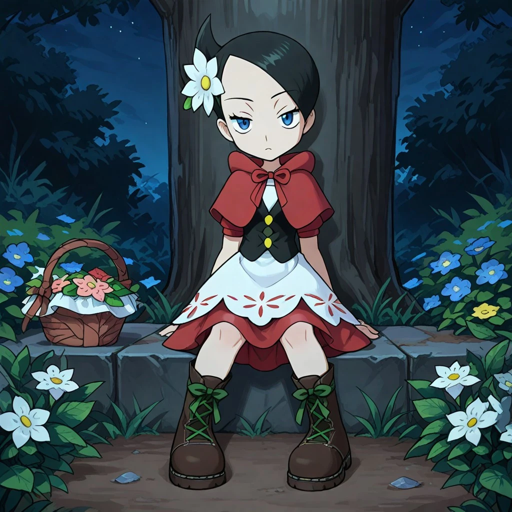 masterpiece, best quality, amazing quality, 1girl, solo, sitting, night, sky, palmarley, palmar, marley_\(pokemon\), black_hair, blue_eyes, hair_flower, white_flower, black_vest, red_dress, red_capelet, white_dress, short_sleeves, brown_basket, boots, brown_footwear, cross-laced_footwear, green_laces, brown_basket