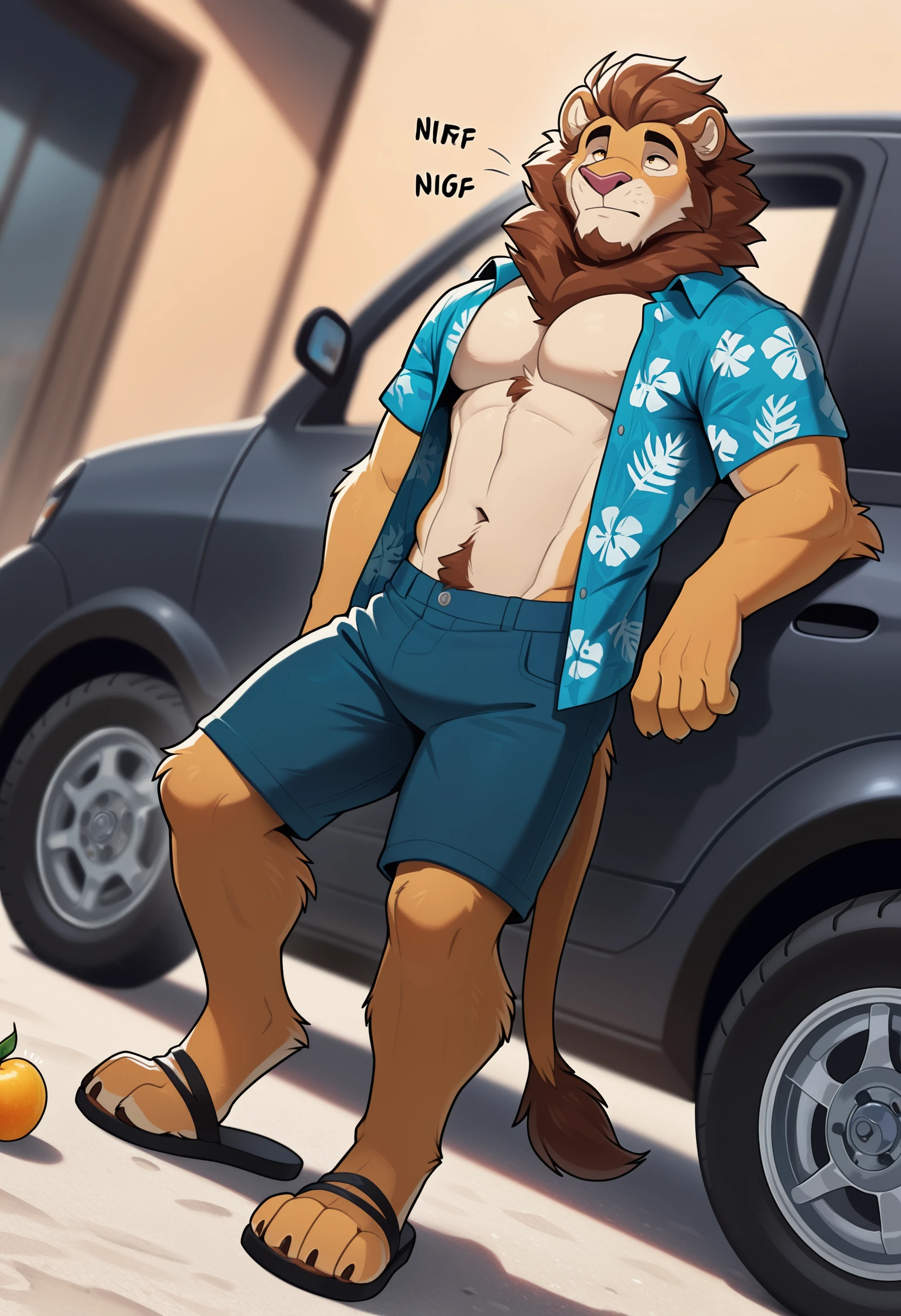 depth of field, blurry background, eye reflections, reflections, dutch angle, anthro, adult, furry, no humans, tail, sound effect, sound effect, motion lines, by ango76, <lora:Ango76_Artist_Style_Illustrious:1.0>, masterpiece, best quality, amazing quality, very aesthetic, absurdres, newest, male focus, 1boy, furry, ground vehicle, furry male, motor vehicle, bara, solo, hawaiian shirt, animal ears, muscular, muscular male, lion ears, pectorals, fruit, open shirt, food, open clothes, shirt, abs, facial hair, navel hair, large pectorals, navel, sandals