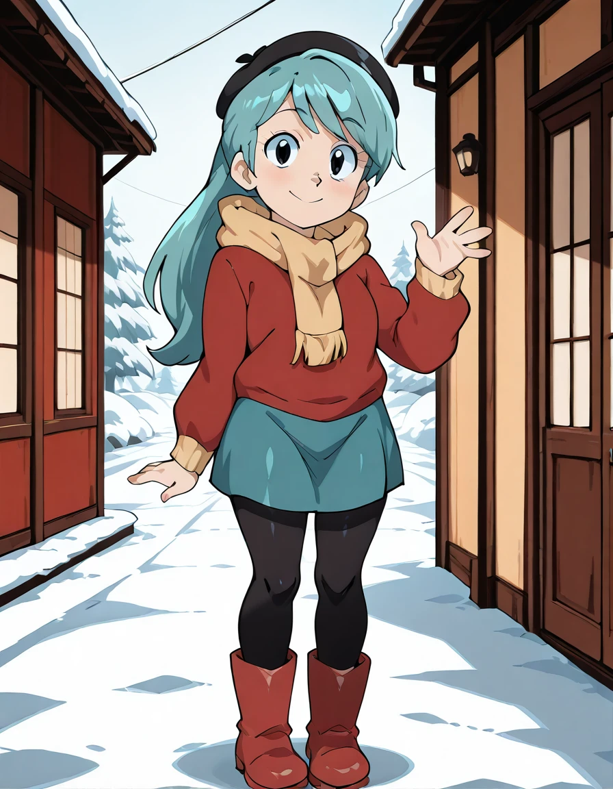 boots, black pantyhose, pantyhose, red footwear, looking at viewer, waving, beret, black eyes, smile,aqua hair, skirt,Hilda is outside in the snow,outside ,outdoor <lora:Hilda_Netfelx_Show_1.0:1><lora:NTR_MIX_4.0_LORA:0.4> . anime style, key visual, vibrant, studio anime, highly detailed . shallow depth of field, vignette, highly detailed, high budget, bokeh,