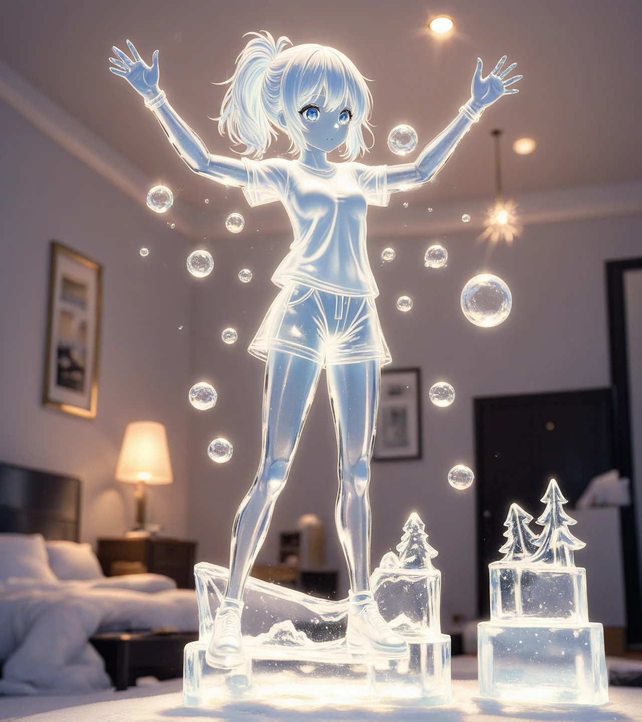 ice sculpture,1girl,masterpiece,best quality,beautiful,room,ice shirt,ice shorts,ice figure,