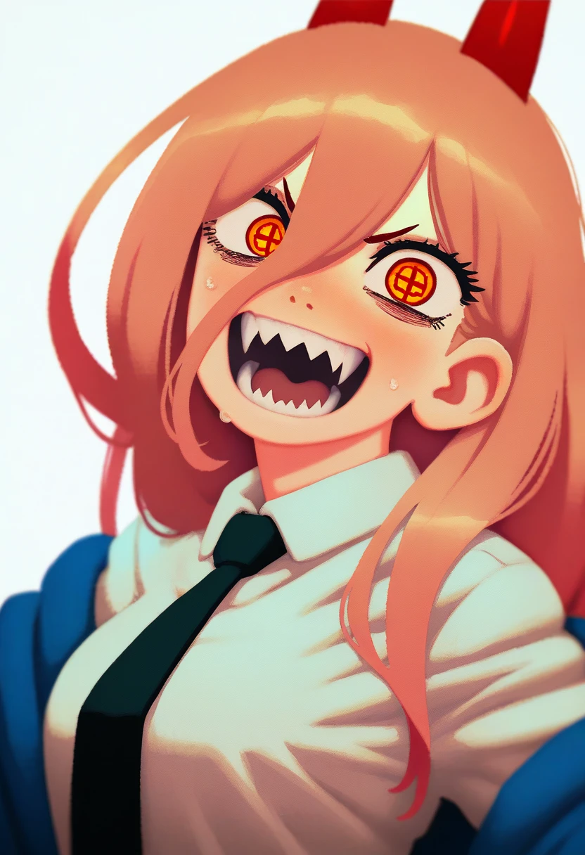 best quality, amazing quality, very aesthetic, absurdres, kunitarou-art,
BREAK
1girl, power \(chainsaw man\), pink hair, blonde hair, red horns, red eyes, cross-shaped pupils, long hair, sharp teeth, hair between eyes, symbol-shaped pupils,
collared shirt, black necktie, long sleeves,
looking at viewer, white shirt, open mouth,
simple background, white background, smile, upper body, <lora:KunitaroNoobLocon_byKonan:1>