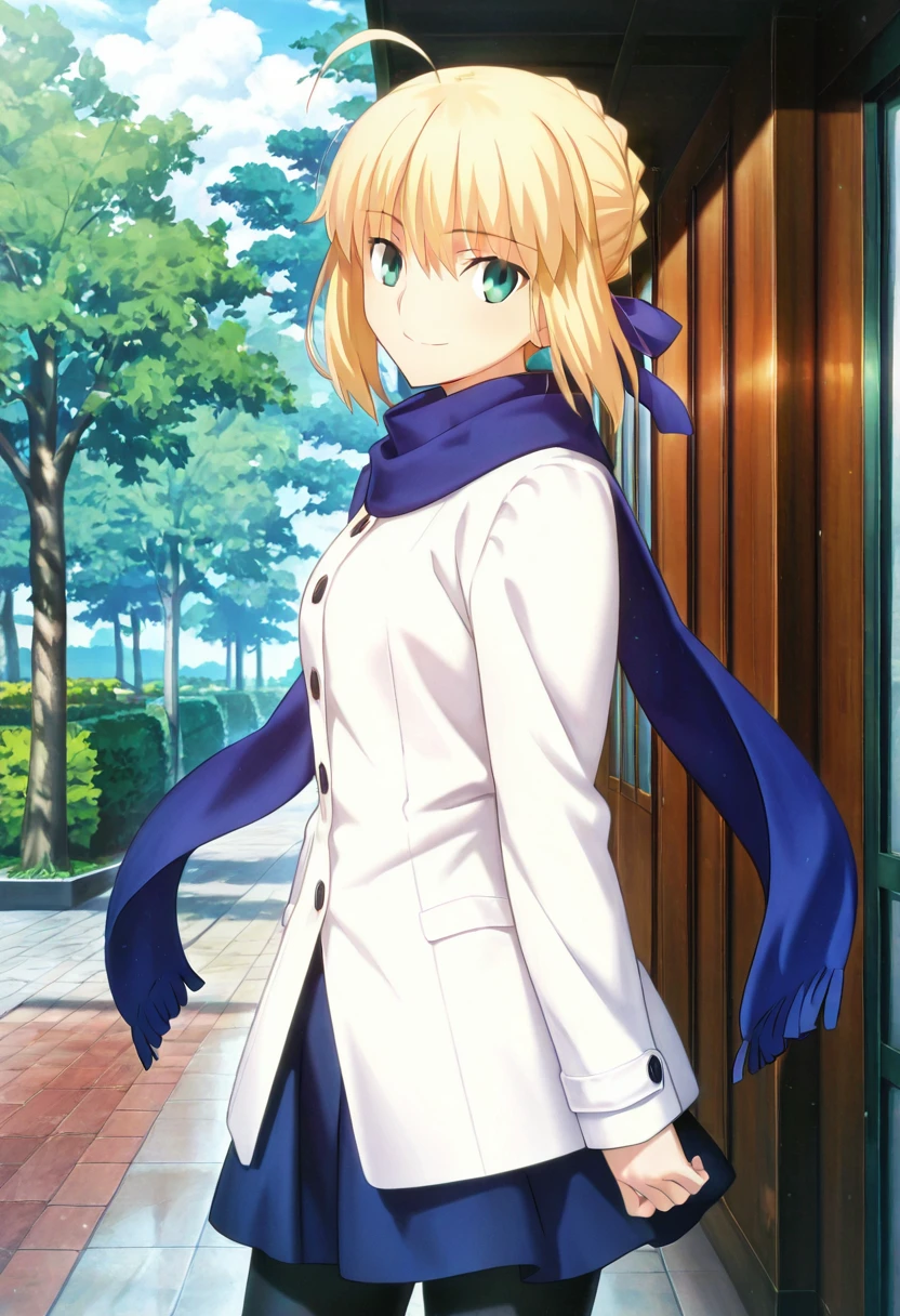 masterpiece, best quality, absurdres, detailed skin, detailed face, detailed eyes, anime colored, anime screencap, anime colored,
<lora:Artoria_Pendragon:0.8>, artoria pendragon, 1 girl, green eyes, scarf, coat, skirt, black pantyhose, looking at viewer, smile, to the side,
cowboy shot,