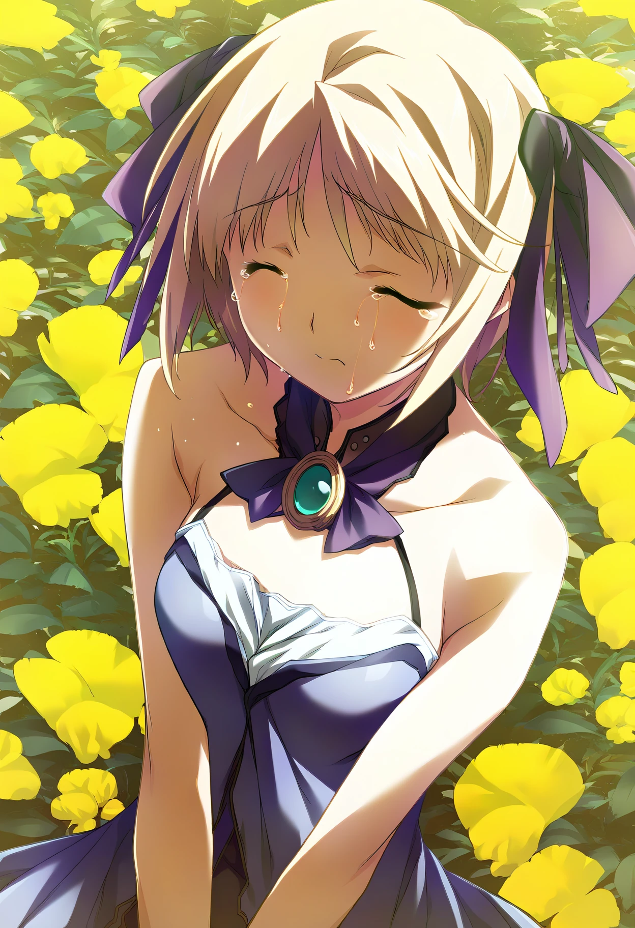 score_9, score_8_up, score_7_up, source_anime, high res image, masterpiece, best quality, 1girl, solo, , closed eyes, tears, ribbon, blonde hair,  shoulders, <lora:kikuchi-seiji-style-pony_v1.0:1>