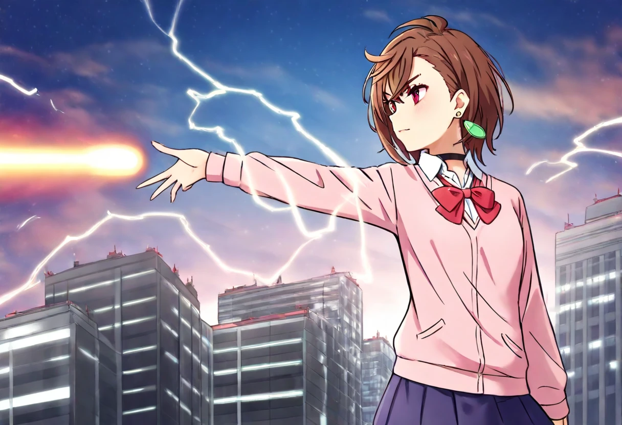 <lora:ayase_momo-koto-Illustrious v01:0.6> ayasemomo, hair between eyes, crossed bangs, green earrings, brown hair, red eyes, black choker, short hair, white shirt, red bowtie,pleated skirt,school uniform, pink cardigan, long sleeves, 1girl, solo, alone, <lora:railgun_technique_illustriousXL-000015:1>, orange beam, energy beam, from side, looking to the side, electricity, electrokinesis, one-arm outstretched, city background, masterpiece, highres