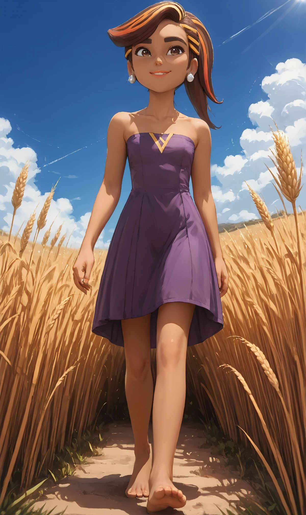 score_9, score_8_up, score_7_up, score_6_up, score_5_up, score_4_up, source_anime, Expressiveh, very aesthetic, pretty eyes, intricate iris, perfect eyes, expressive eyes,masterpiece, best quality, BREAK, laDash, ponytail, dark-skinned female, dark skin, silver earrings, brown eyes, multicolored hair, yellow/orange hair extensions, thick eyebrows, BREAK, jewelry, summerdress, purple dress, bare shoulders, strapless, BREAK, 1girl, solo, standing, full body, outdoors, lips, outstrechted arms, smile, flirty, wheatfield, wheat, hot waether, sunny, blue sky, clear sky, sun in background, low angle, looking aside, walking, walking to viewer