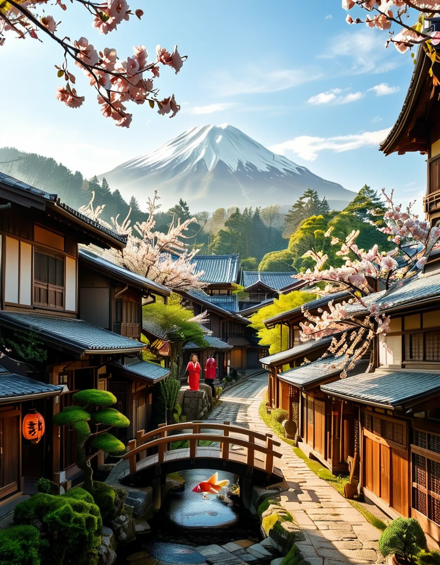 A picturesque traditional Japanese village nestled in a serene valley, surrounded by lush green mountains under a soft morning mist. The village consists of wooden houses with thatched roofs (gassho-zukuri style), showcasing intricate wooden details and sliding paper doors. A narrow stone-paved path winds through the village, leading to a small red torii gate at the entrance of a Shinto shrine. Cherry blossoms in full bloom line the streets, their pink petals gently falling in the breeze. A tranquil river flows through the village, crossed by an old wooden bridge with moss-covered stones. Villagers in traditional kimonos and straw hats go about their daily livesâan elderly man sweeping his porch, a woman carrying a basket of fresh produce, and children playing near a koi pond. The atmosphere is peaceful and nostalgic, with warm sunlight filtering through the trees, casting dappled shadows on the ground. The scene is rich in traditional Japanese aesthetics, evoking a sense of harmony and timeless beauty.
<lora:SDXLFaeTastic2400:0.4> <lora:extremely_detailed:0.4> extremely detailed,<lora:traditional_Japanese_v1ll4g3:1>,traditional Japanese v1ll4g3, Masterpiece,best quality,hi res,8k,hi res,8k,award winning,(sharp focus, intricate, highly detailed),