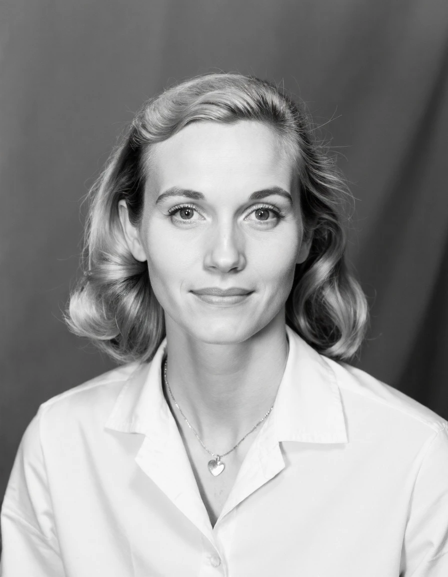 <lora:eva-marie-saint-ca1955-000007:1> woman Raw Photo, 16mm Film, Black And White Film, Sweet Smile, A Serene And Intimate Portrait, Sits In The Center Of The Frame, Perfect Posture, Directly Facing The Viewer With Their Eyes Locked Onto The Camera, They Wear A Cotton Dress Shirt, Button-Up Top With All But The Topmost Button Fastened, They Also Wear A Heart Necklace, Adding A Touch Of Elegance To Their Overall Appearance, The Soft, Blurred Background And Soft Lighting Create A Cozy Atmosphere, Drawing The Viewer's Attention To The Subject's Expression, The Overall Effect Is One Of Calm And Introspection, Inviting The Viewer To Step Into Their World., Extreme Close-Up, Zoomed, Focus On Face, Centered, Macro Shot, Face Centered, Focus On Eyes, Looking Directly At The Viewer, Looking Directly At The Camera, Making Eye Contact, Looking Straight Ahead, <lora:zz_s_Chest_Size_Slider:-2> High Collar, Chest Covered