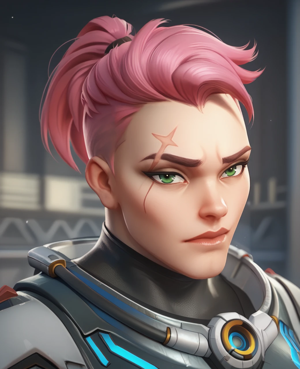 score_9,score_8_up,score_7_up,score_6_up,score_5_up,score_4_up,
zryow2xl,short hair,pink hair,ponytail,green eyes,forehead scar,left arm tattoo,
bodysuit,armor,
upper body,looking at viewer,
science fiction,
base,winter,
<lora:ZaryaOW2xl-12v6:1>,