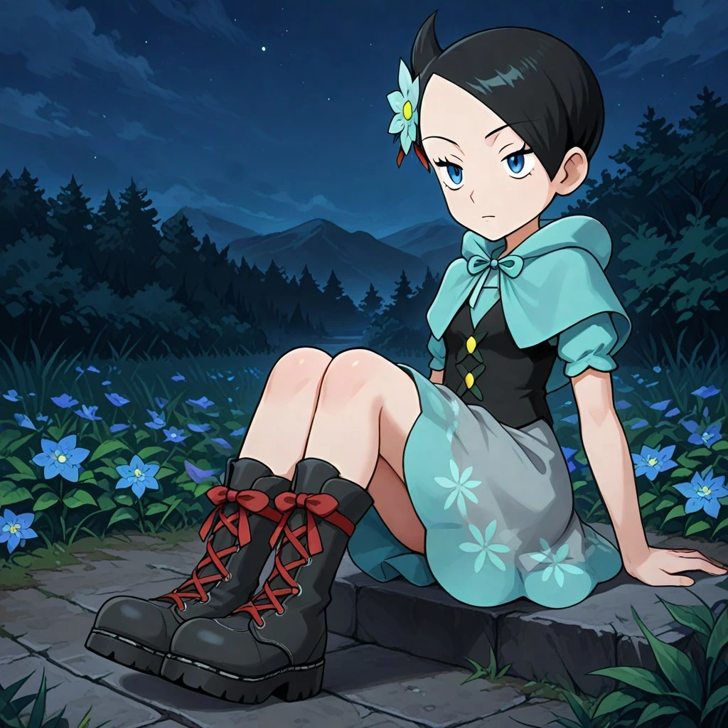 masterpiece, best quality, amazing quality, 1girl, solo, sitting, night, sky, ppalmarley, palmarex, ex_style, marley_\(pokemon\), black_hair, blue_eyes, hair_flower, grey_flower, black_vest, aqua_capelet, aqua_dress, grey_dress, short_sleeves, boots, grey_footwear, cross-laced_footwear, red_laces, from_side