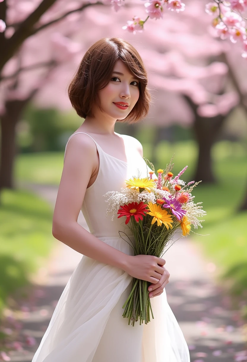 closeup photo of hikarunagi, a woman with short brownn hair, brown eyes, smiling at the viewer, and standing gracefully on a winding path through the park, surrounded by soft petals drifting from the cherry blossoms above. Her dress, a flowing chiffon in a bright white, catches the gentle breeze, creating a subtle wave of movement. The dress is modest yet elegant, with a single shoulder strap that highlights her graceful posture without drawing attention away from the serene beauty of the moment.
In her hands, she holds a large bouquet of a variety of fresh wildflowers, their vibrant colors adding contrast to her dress. The bouquet feels natural, as though it was gathered right from the surrounding park, blending perfectly with the lush greenery and the pink clouds of blossoms overhead. The sunlight filters through the branches, casting a warm glow around her as she stands, serene and at peace, taking in the beauty of the moment.