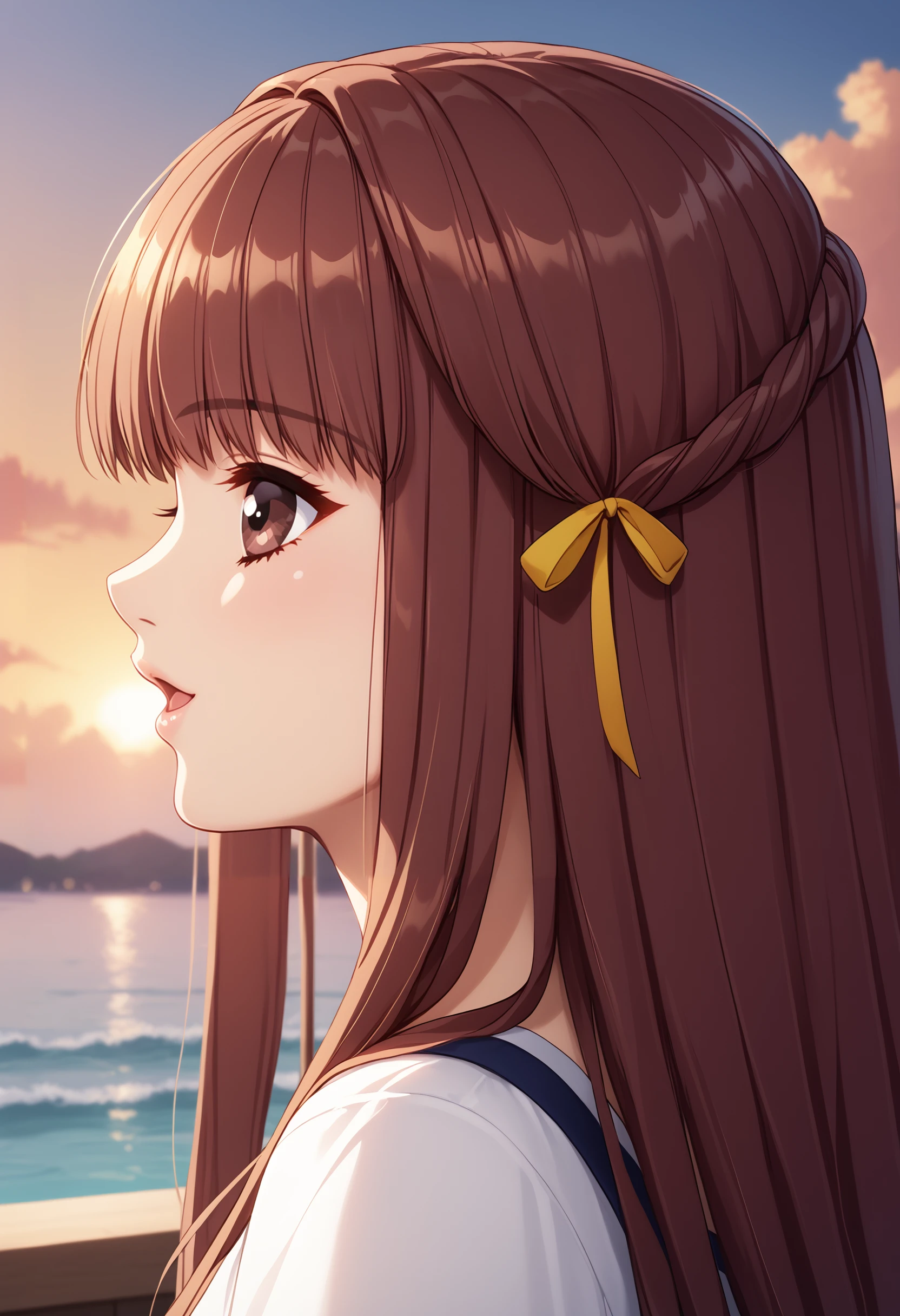 score_9, score_8_up, score_7_up, BREAK <lora:Maika:1>, maika, 1girl, photo (object), yellow hair ribbon, long hair, sidelocks, straight hair, sunset, profile, brown hair, parted lips, portrait, from side, brown eyes, open mouth, close-up, orange sky