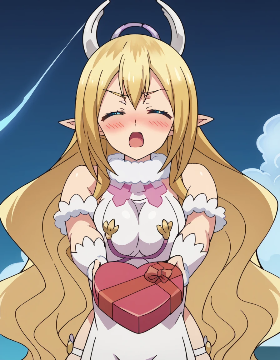 score_9, score_8_up, score_7_up, source_anime, <lora:liala-s2-ponyxl-lora-nochekaiser:1>, liala, long hair, blue eyes, blonde hair, large breasts, very long hair, horns, pointy ears, anime screencap,, <lora:heart-shaped-box-ponyxl-lora-nochekaiser:1>, heart-shaped box, holding, box, gift, valentine, incoming gift, closed eyes, blush, open mouth, outstretched arms, outdoors, night sky, clouds, shouting,, , cowboy shot, solo