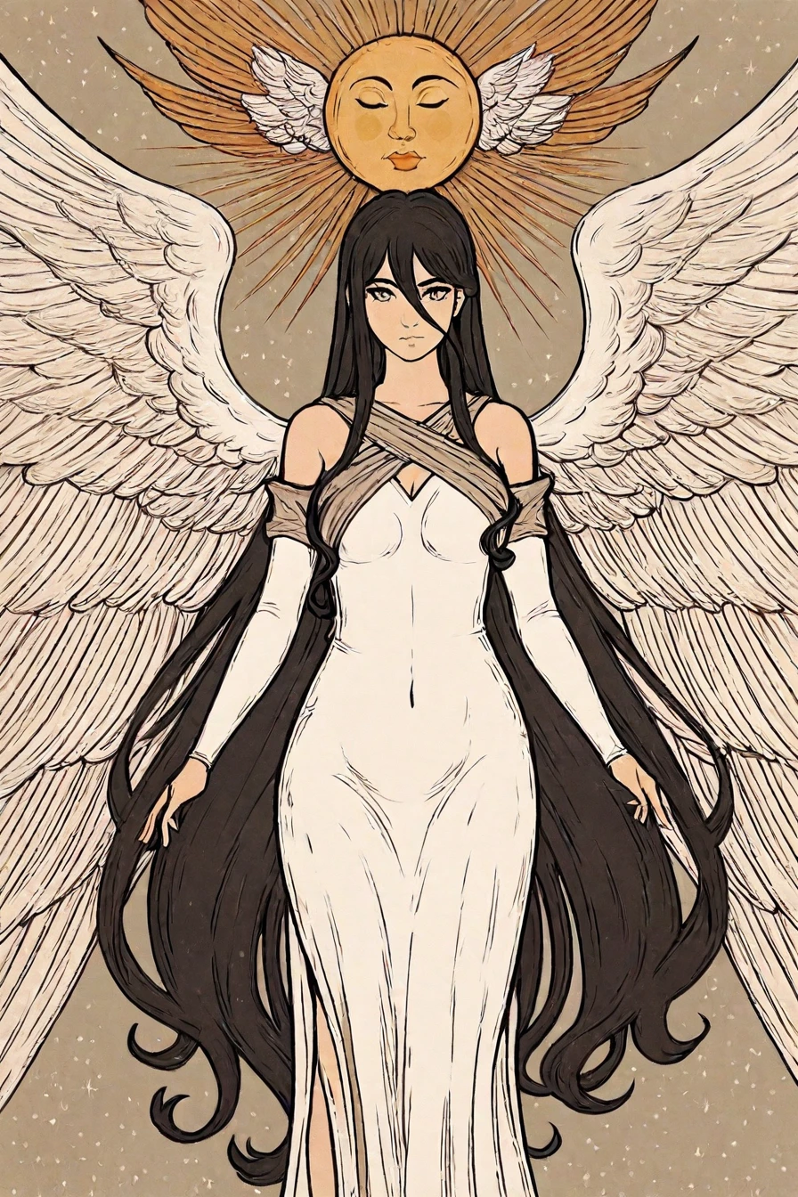 <lora:Misa_Suzuhara_Pony:0.4> , misa suzuhara, long hair, black hair, very long hair, hair between eyes, gloves, dress, detached sleeves, white dress, covered navel, wings, angel wings, angel, multiple wings, symmetrical angel wings, 1girl, solo, alone, <lora:tarot_illustration_style_illustriousXL-000025:1>, tarot_illustration_style, masterpiece, highres