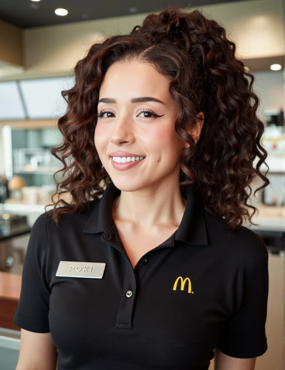 close-up headshot portrait shot on Fujifilm XT-50 of poki woman standing behind the counter of a McDonalds wearing a McDonalds worker's uniform <lora:SkinDetails_flux_lora_v8:.55> <lora:flux_realism_lora:.75> <lora:Hand v2:1> pokimane, the woman has plump lips with shiny lipgloss, the woman has a bright grin on her face, dark eyeliner, young adult woman in her mid 20's, facing the viewer straight on and making eye contact with the viewer, the woman has smooth skin and no wrinkles on her face, the woman has brunette relaxed curls layered hair <lora:poki:.95> Moroccan woman, curly hair in a ponytail, blurred background, silver nametag with the word "POKI" embossed on it, wearing a black polo with a small embroidered yellow McDonald's golden arches logo on the left chest area.
