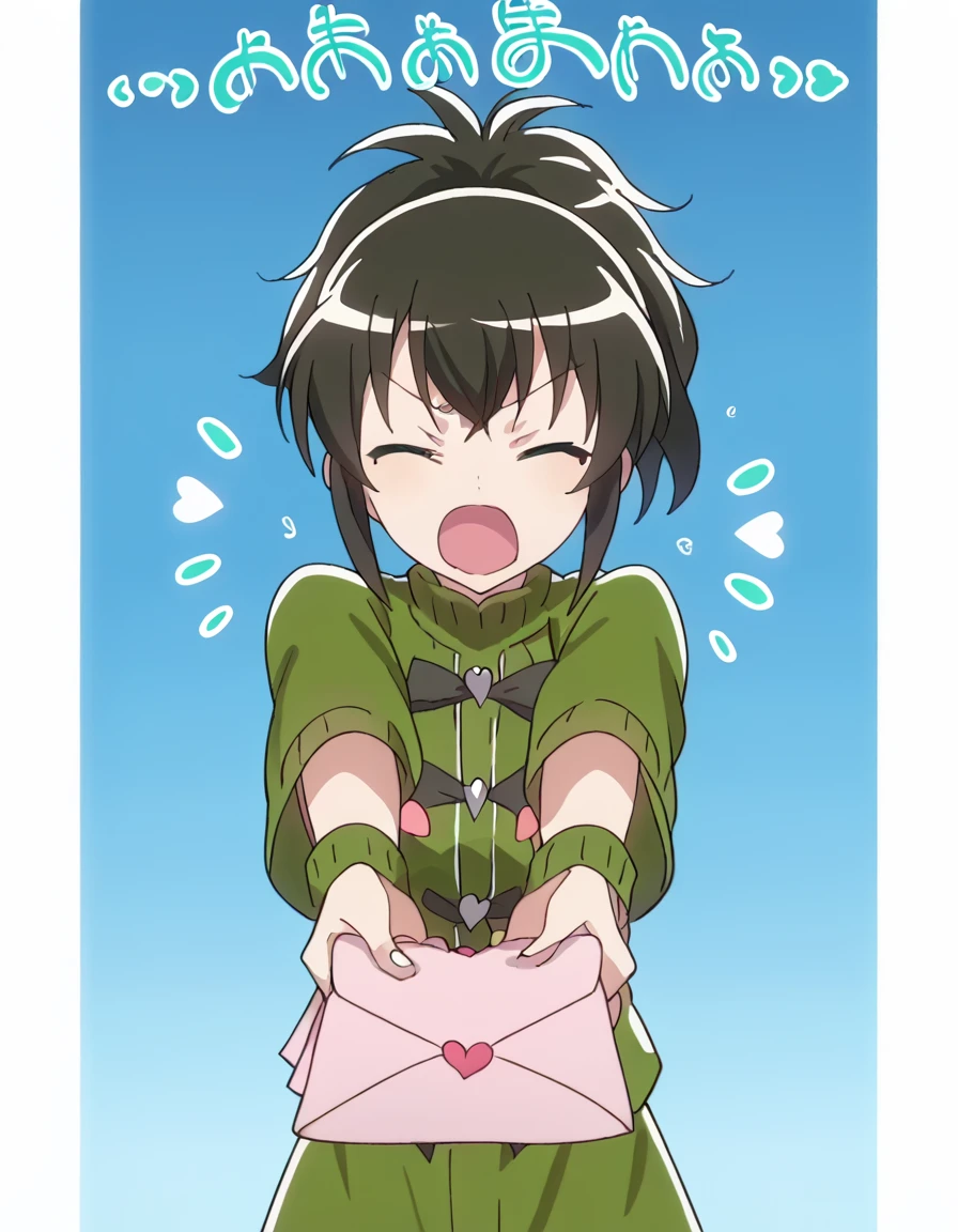 score_9, score_8_up, score_7_up, source_anime, <lora:niko-oono-s1-ponyxl-lora-nochekaiser:1>, niko oono, black hair, ponytail, green eyes, medium breasts, anime screencap,, <lora:love-letter-ponyxl-lora-nochekaiser:1>, love letter, heart, valentine, letter, confession, incoming gift, outstretched arms, closed eyes, shouting,, , cowboy shot, solo