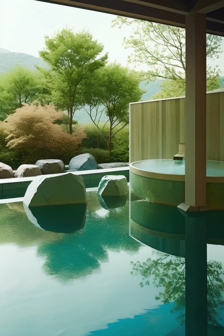 <lora:JJsOnsen:1> , ((onsen)),,ultra realistic, masterpiece, best quality,, scenery, water, tree, no humans, outdoors, day, rock, sky, nature, plant, reflection, center composition .